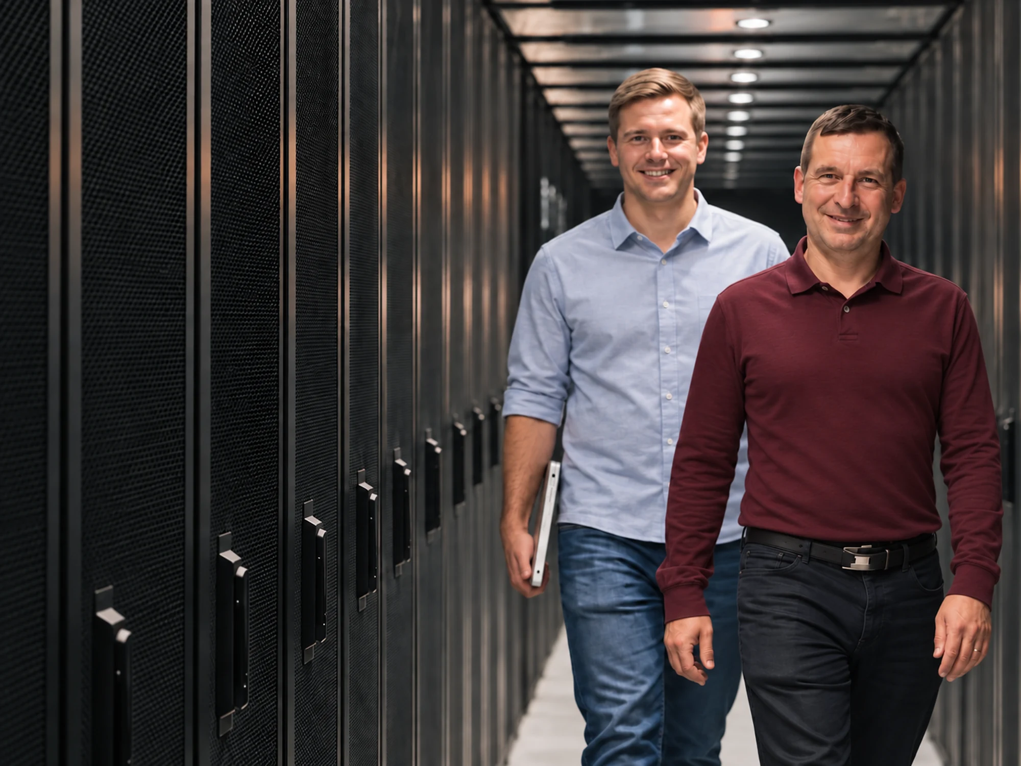 Collaborateurs dans une allée de baies au datacenter ITinSell Cloud de la Ciotat