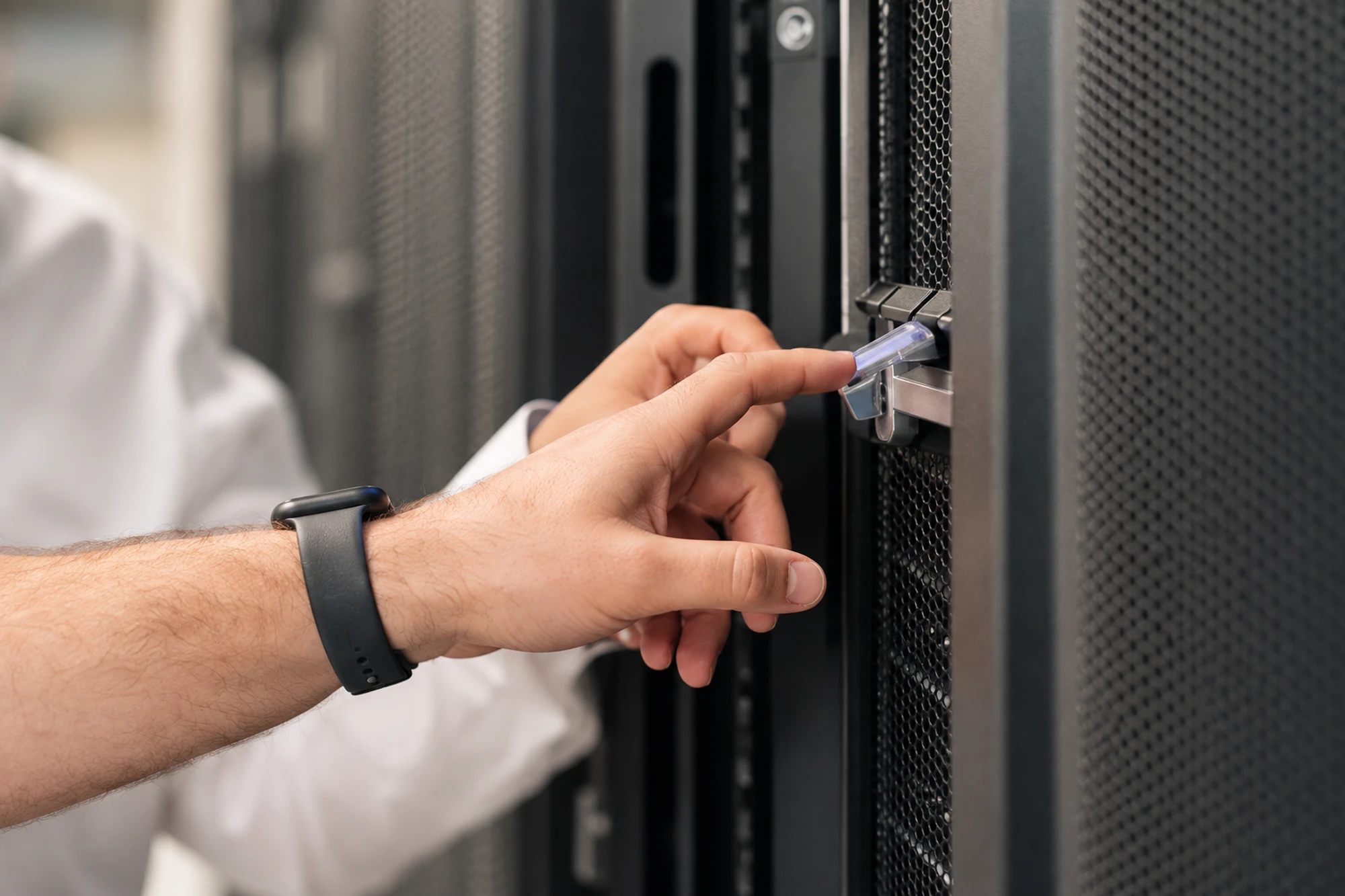 Technicien ITinSell Cloud ouvrant une baie sécurisée du datacenter de La Ciotat